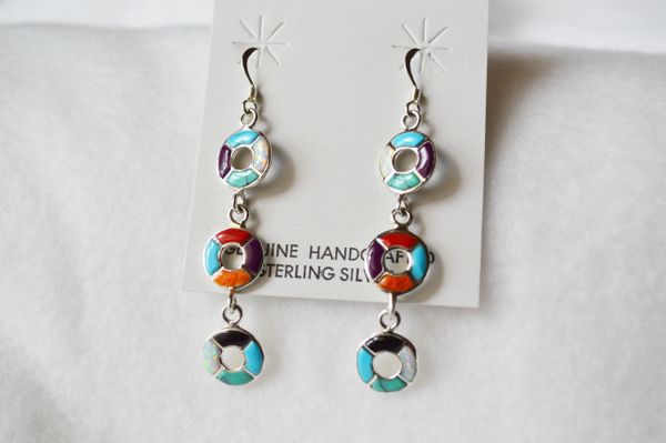 Sterling silver inlay 3 ring multi color dangle earrings. E081