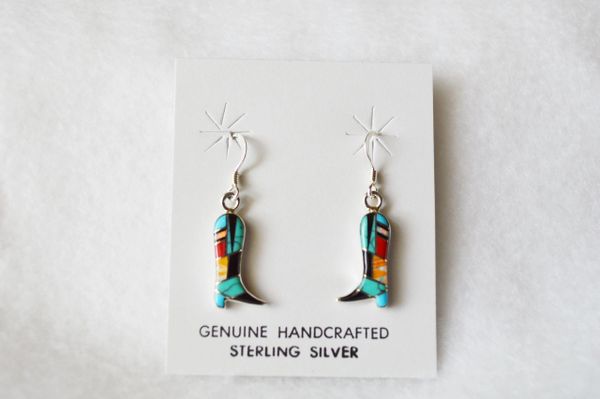 Sterling silver inlay multi color boot dangle earrings. E089