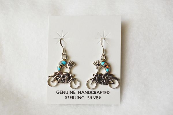 Sterling silver inlay multi stone kokopelli motorcycle dangle earrings. E093