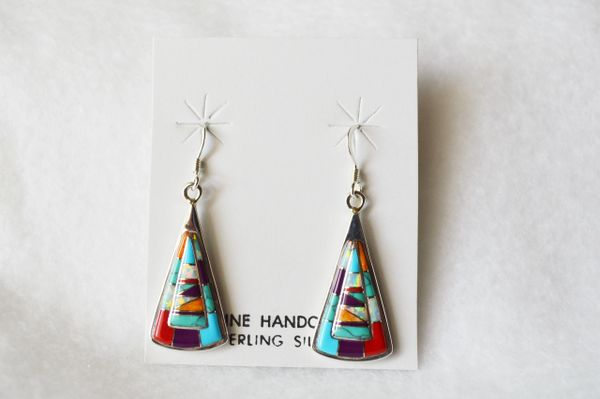 Sterling silver multi color inlay large candy corn shaped dangle earrings. E096