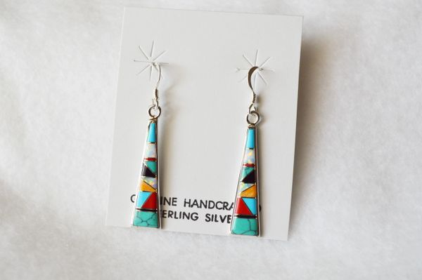 Sterling silver multi color inlay triangle tower dangle earrings. E097