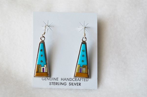 Sterling silver inlay multi color triangle tower adobe dangle earrings. E098