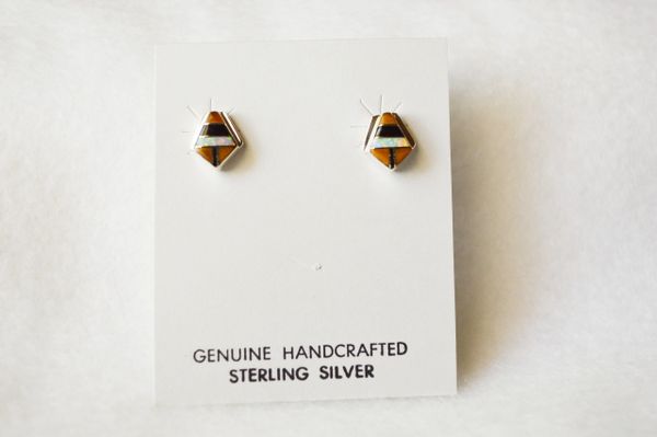 Sterling silver white opal, black onyx and tiger eye inlay polygon post earrings. E152
