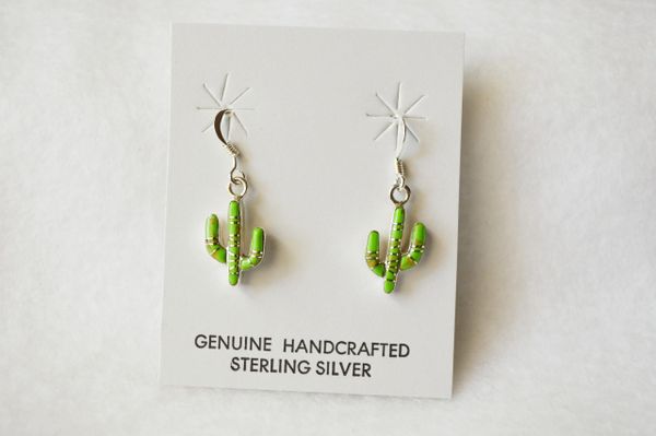 Sterling silver gaspeite inlay cactus dangle earrings. E156