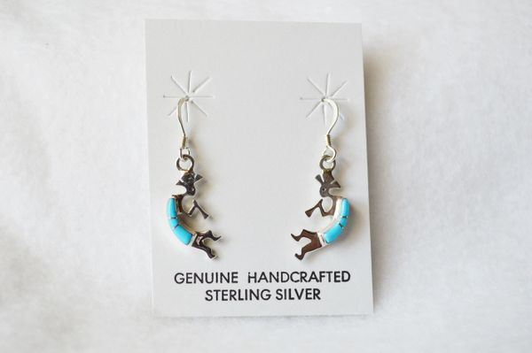 Sterling silver turquoise inlay kokopelli dangle earrings. E164