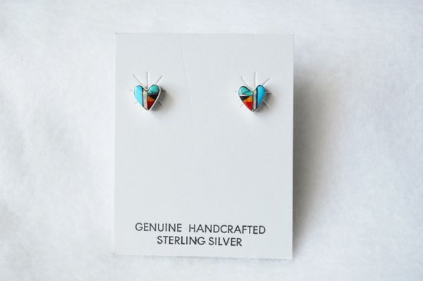 Sterling silver multi color heart inlay post earrings. E170