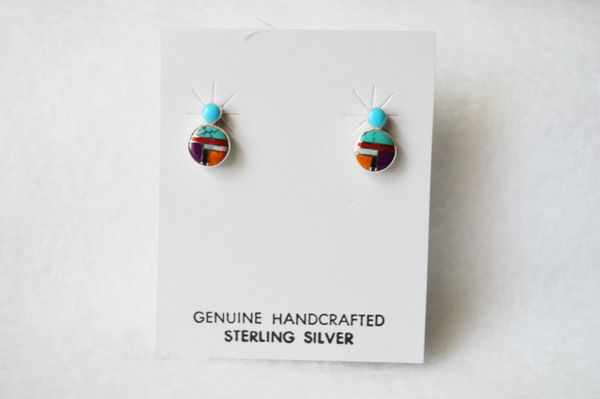 Sterling silver multi color inlay round post earrings. E175