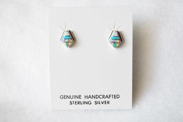 Sterling silver blue, white and pink opal inlay diamond post earrings. E190