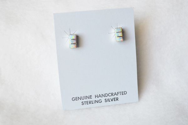 Sterling silver white opal inlay rectangle post earrings. E197