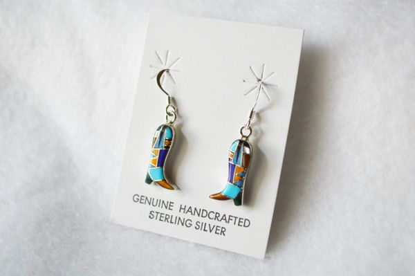 Sterling sivler multi color inlay boot dangle earrings. E204
