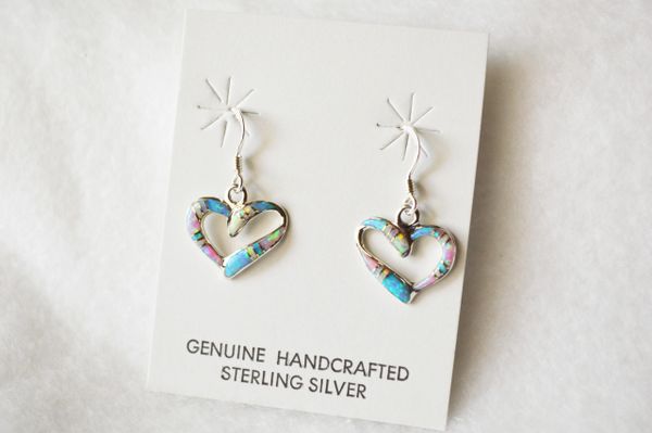 Sterling sivler multi color opal inlay small heart dangle earrings. E206
