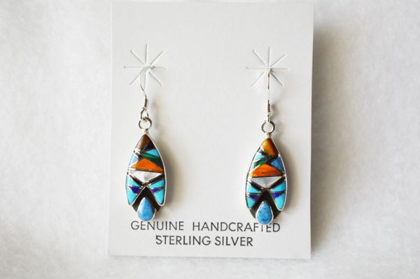 Sterling silver multi color inlay with denim lapis teardrop cutout dangle earrings. E215