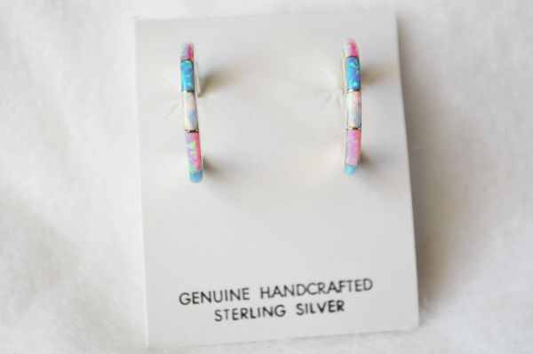 Sterling silver white, blue and pink opal inlay hoop earrings. E223