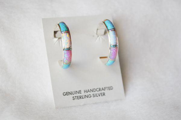 Sterling silver white, blue and pink opal inlay large hoop earrings. E224