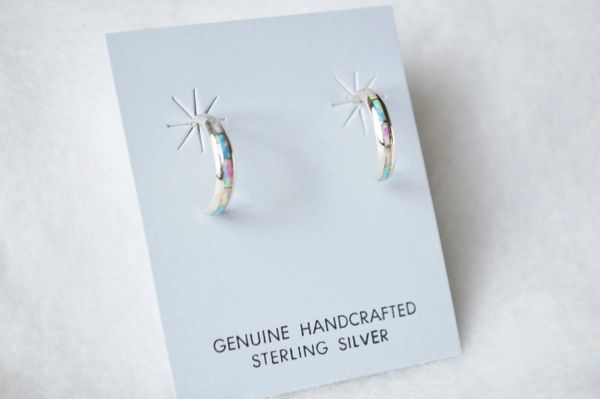 Sterling silver white, blue and pink opal inlay small hoop earrings. E228
