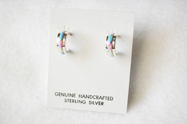 Sterling silver white, blue and pink opal inlay small hoop post earrings. E230