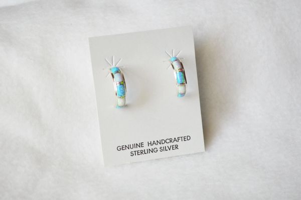 Sterling silver white, pink and blue opal inlay small hoop post earrings. E231