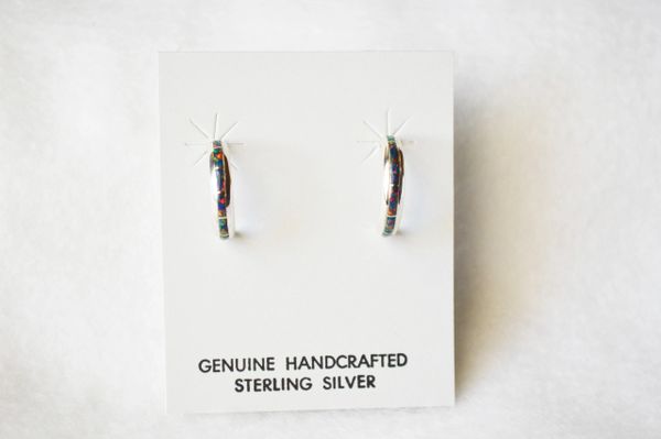 Sterling silver black opal inlay small 1/2 hoop post earrings. E237
