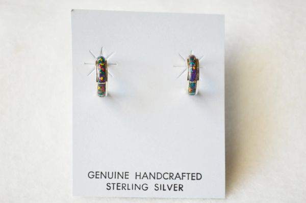 Sterling silver black opal inlay small 1/2 hoop post earrings. E239