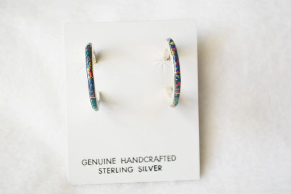 Sterling silver black opal inlay medium/thin hoop post earrings. E243