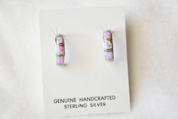Sterling silver white and pink opal inlay medium 1/2 hoop post earrings. E248