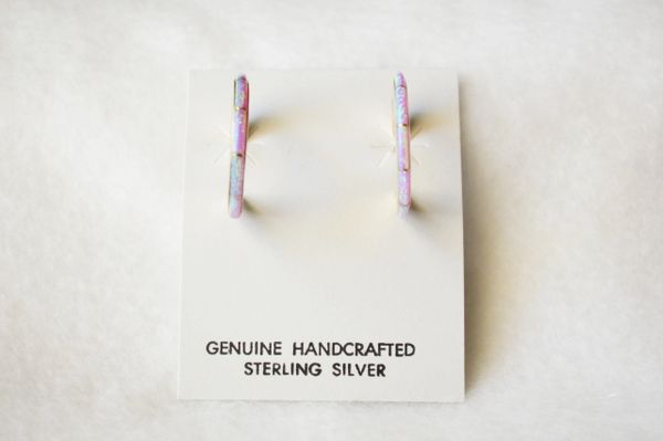 Sterling silver pink opal inlay medium/thin hoop post earrings. E250