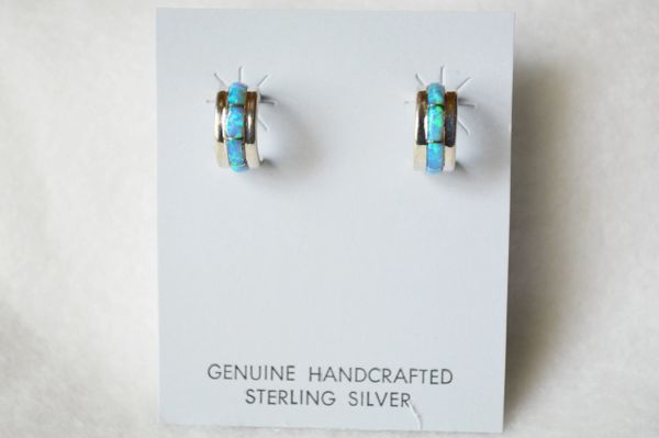 Sterling silver blue opal inlay small hoop post earrings. E270