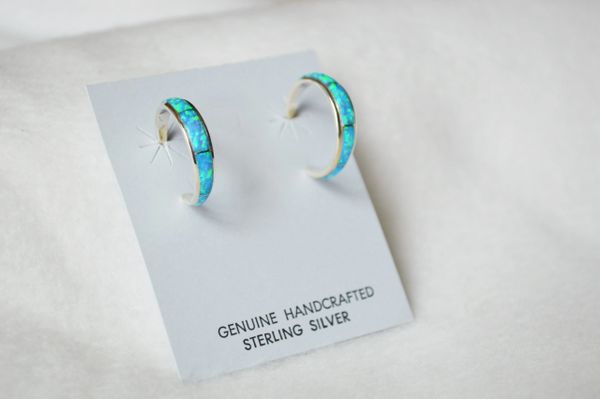 Sterling silver blue opal inlay medium tapered hoop post earrings. E272