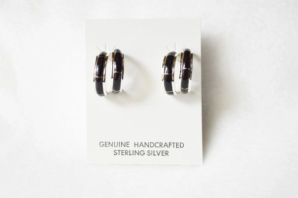 Sterling silver black onyx inlay medium double hoop post earrings. E289