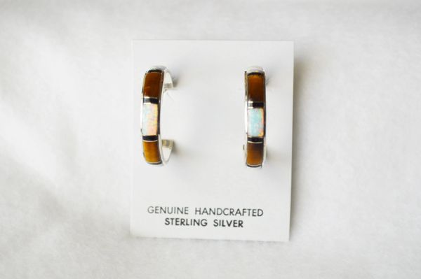 Sterling silver white opal, tiger eye and black onyx inlay large hoop post earrings. E309