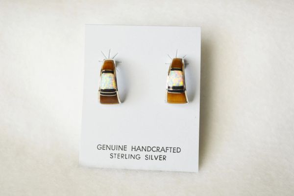 Sterling silver white opal, tiger eye and black onyx inlay medium/wider hoop post earrings. E313