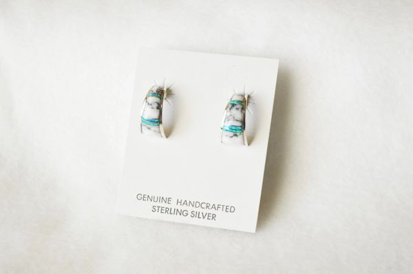 Sterling silver blue opal and howlite inlay medium/wider hoop post earrings. E319