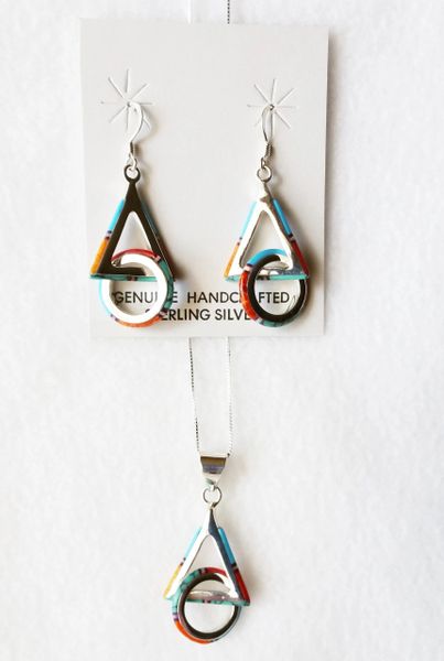 Sterling silver multi color inlay hoop in triangle dangle earrings and 18" sterling silver box chain necklace set. S001