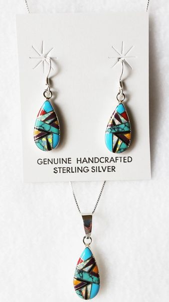 Sterling silver multi color inlay teardrop dangle earrings and 18" sterling silver box chain necklace set. S004
