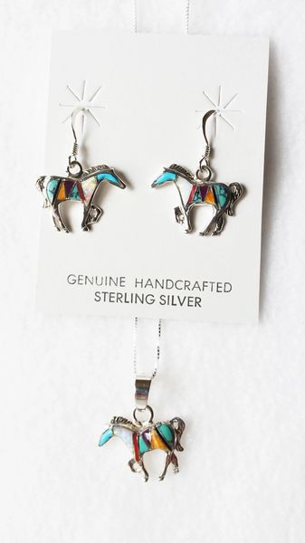 Sterling silver multi color inlay horse dangle earrings and 18" sterling silver box chain necklace set. S005