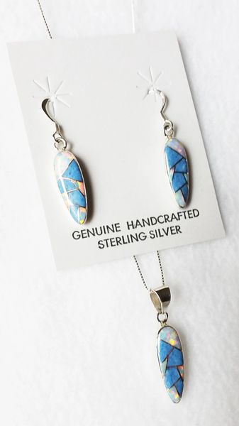 Sterling silver white opal and denim lapis inlay corn cob dangle earrings and 18" sterling silver box chain necklace set. S007