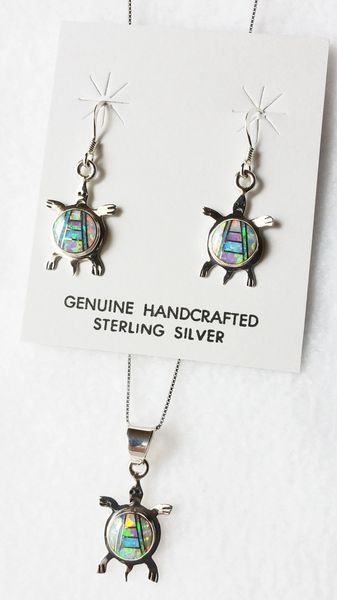 Sterling silver white, pink and blue opal inlay turtle dangle earrings and 18" sterling silver box chain necklace set. S008