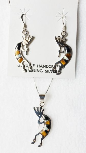 Sterling silver black onyx, white opal and tiger eye large inlay kokopelli dangle earrings and 18" sterling silver box chain necklace set. S009