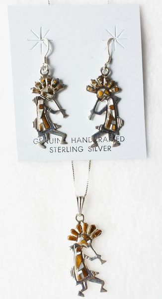 Sterling silver mother of pearl and tiger eye large kokopelli inlay dangle earrings and 18" sterling silver box chain necklace set. S010