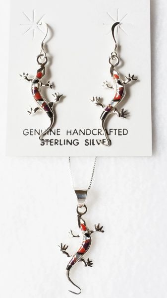 Sterling silver mother of pearl, black onyx, tiger eye and coral inlay lizard dangle earrings and 18" sterling silver box chain necklace set. S011