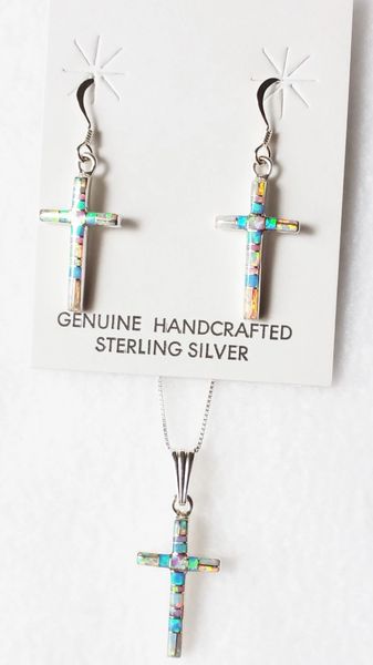 Sterling silver white, pink and blue opal inlay cross dangle earrings and 18" sterling silver box chain necklace set. S014