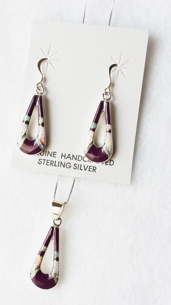 Sterling silver white opal and sugilite inlay hollow teardrop dangle earrings and 18" sterling silver box chain necklace set. S024