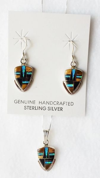 Sterling silver blue opal, black onyx and tiger eye inlay arrowhead dangle earrings and 18" sterling silver box chain necklace set. S025