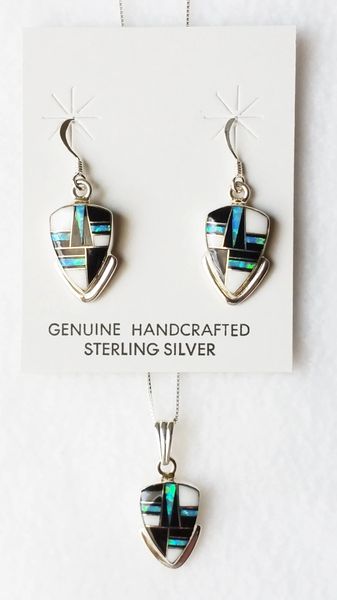 Sterling silver blue opal, black onyx and howlite inlay arrowhead dangle earrings and 18" sterling silver box chain necklace set. S026