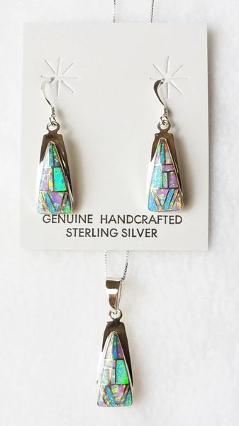 Sterling silver blue, white and pink opal inlay triangle dangle earrings and 18" sterling silver box chain necklace set. S027