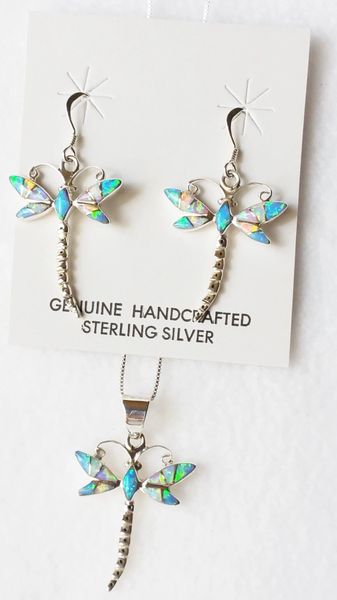 Sterling silver blue, white and pink opal inlay dragonfly dangle earrings and 18" sterling silver box chain necklace set. S028