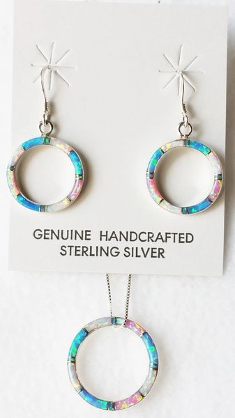 Sterling silver blue, white and pink opal inlay hoop dangle earrings and 18" sterling silver box chain necklace set. S031
