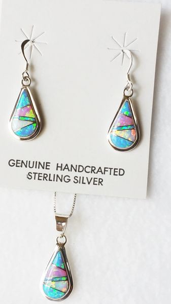 Sterling silver blue, white and pink opal inlay teardrop dangle earrings and 18" sterling silver box chain necklace set. S033