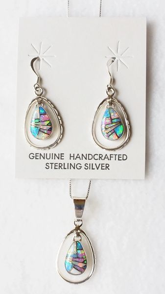 Sterling silver blue, white and pink opal inlay egg in a hoop dangle earrings and 18" sterling silver box chain necklace set. S034
