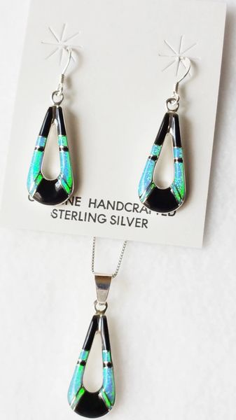 Sterling silver blue opal and black onyx inlay hollow teardrop dangle earrings and 18" sterling silver box chain necklace set. S037